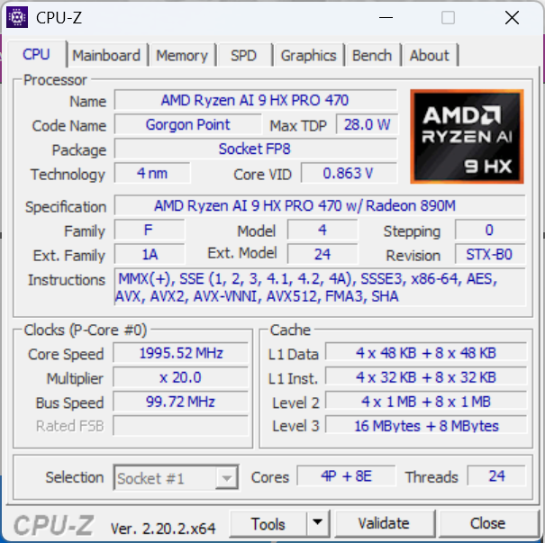 اطلاعات پردازنده Ryzen AI 9 HX PRO 470 در CPU-Z؛ نمونه آزمایش‌شده Notebookcheck